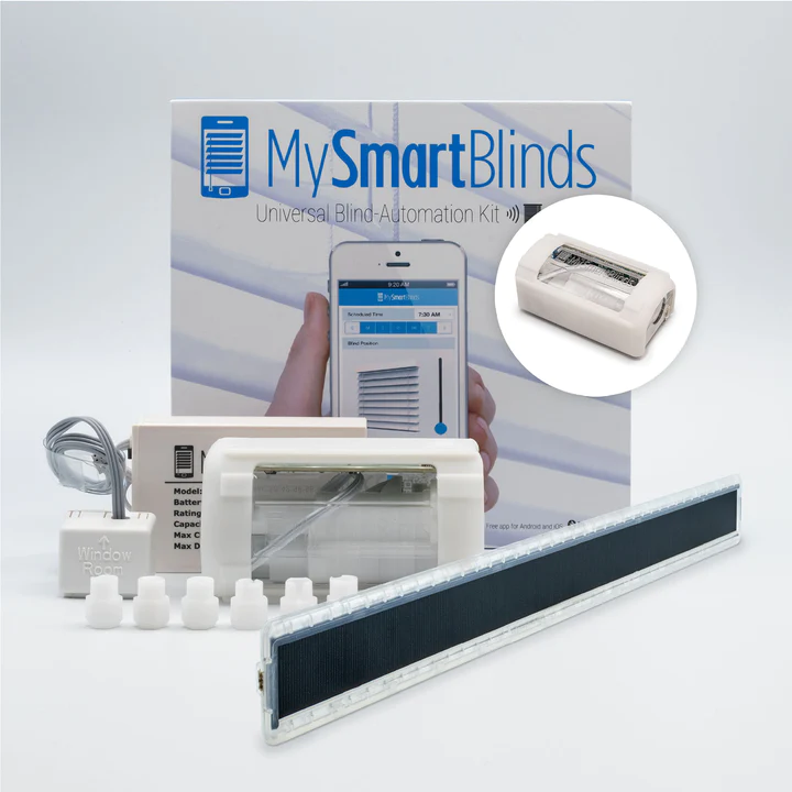 MySmartBlinds universal blind automation kit with motor, solar panel, and smartphone control app.