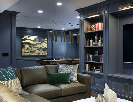 A more modern man cave with enough space to chat and entertain.