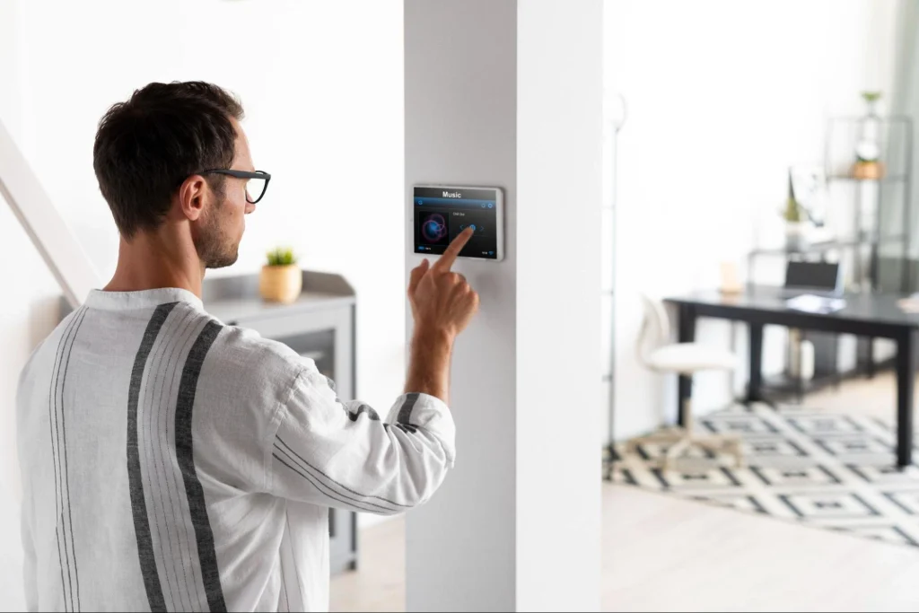 Advanced security system in a home with AI detection camera and alert system.