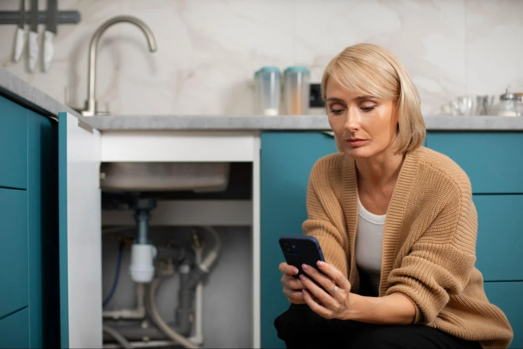 Homeowner checking water leak alerts on a smartphone in the kitchen.