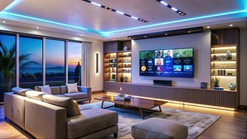 Living room with smart home entertainment system and ambient lighting.