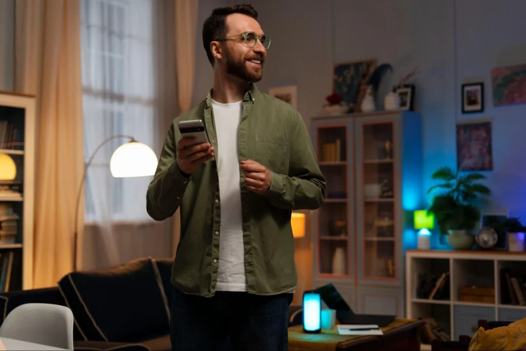 User controlling smart lighting with a smartphone in a modern room.