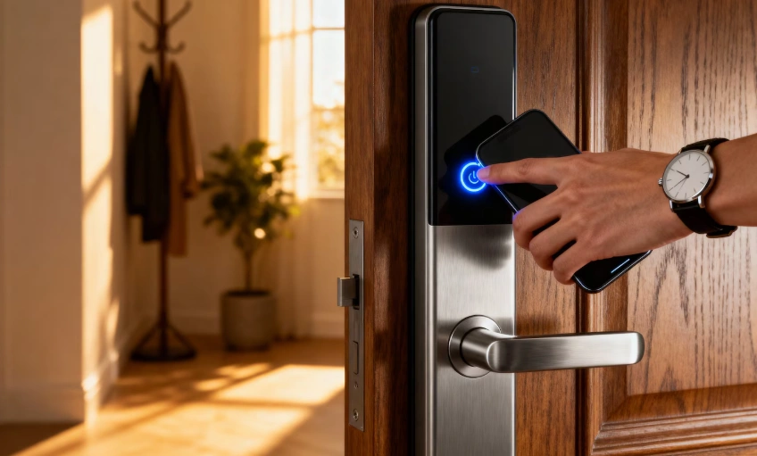 Using a smartphone to unlock a smart door lock at home.