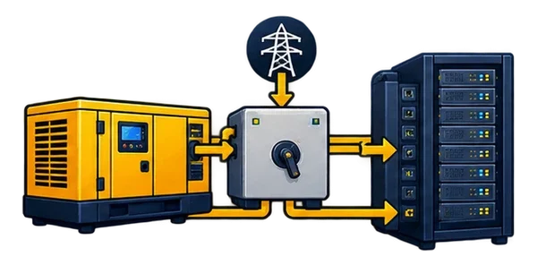 backup generator connected to an automatic transfer switch and power distribution in a data center