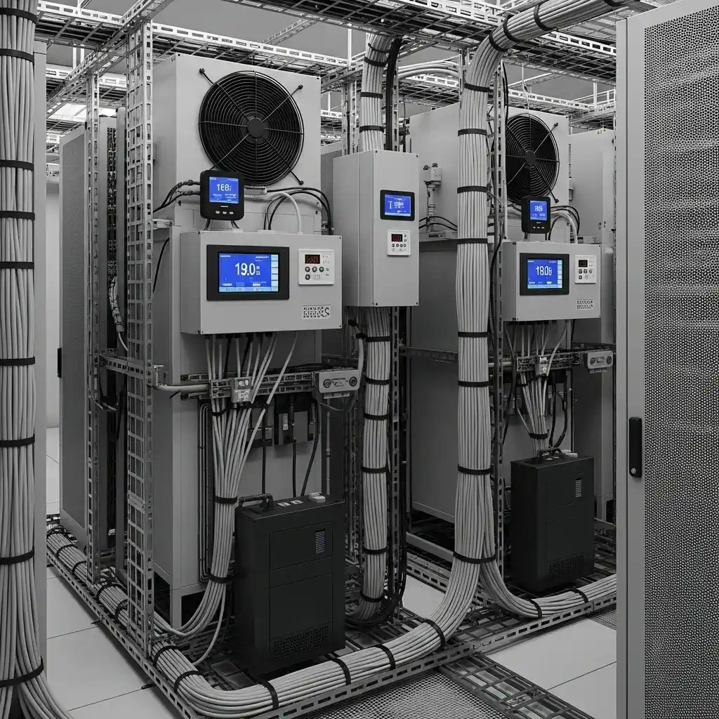 Data center cooling solutions: precision cooling units with fans and digital temperature controllers in a server room